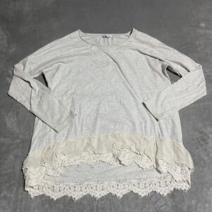 Sundance Top Womens Large Gray Lace Hem Pullover Long Sleeve Round Neck Boho